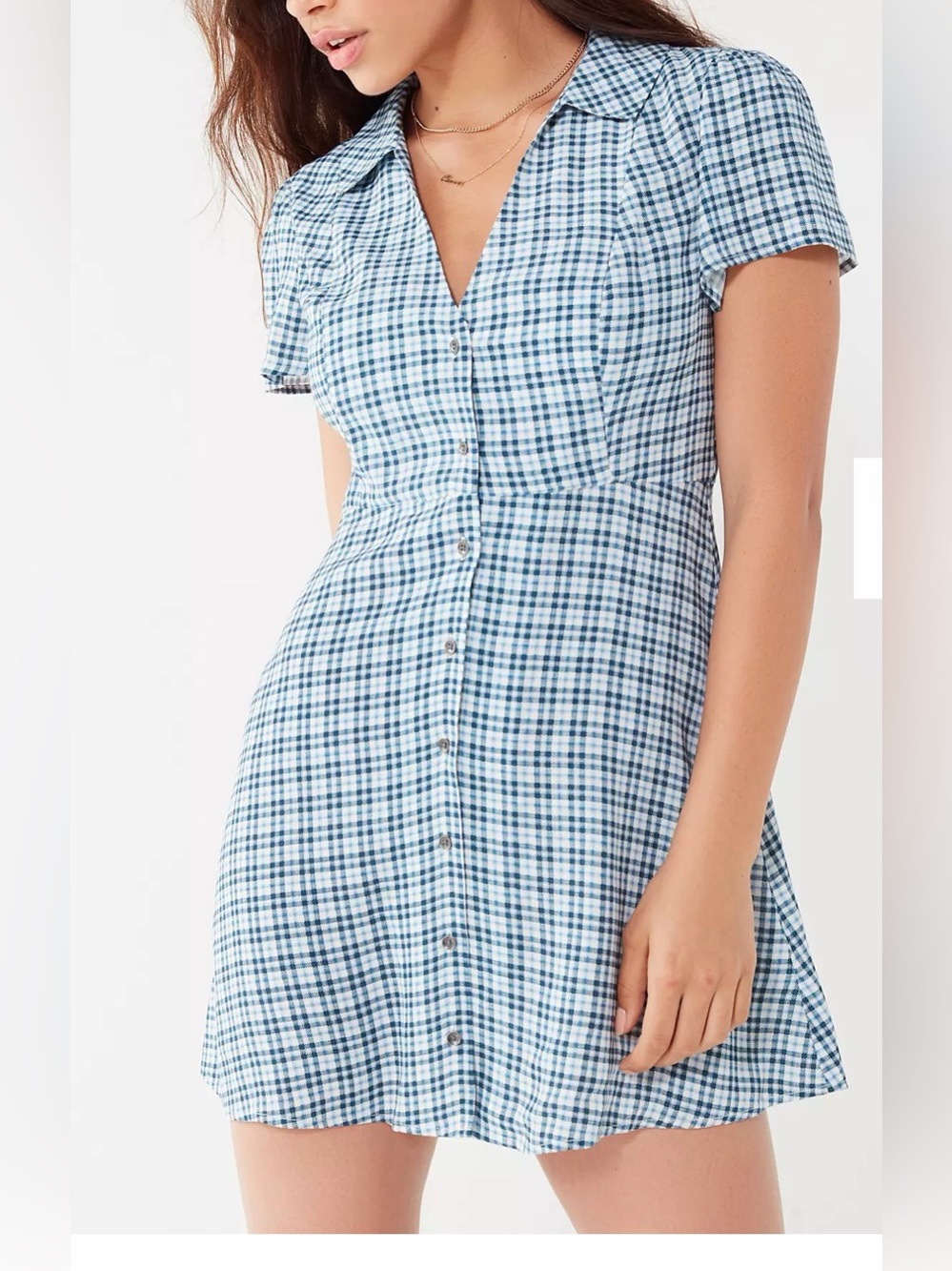 Urban Outfitters Women’s Mallory Gingham Button-Down Front V-Neck Mini Dress S